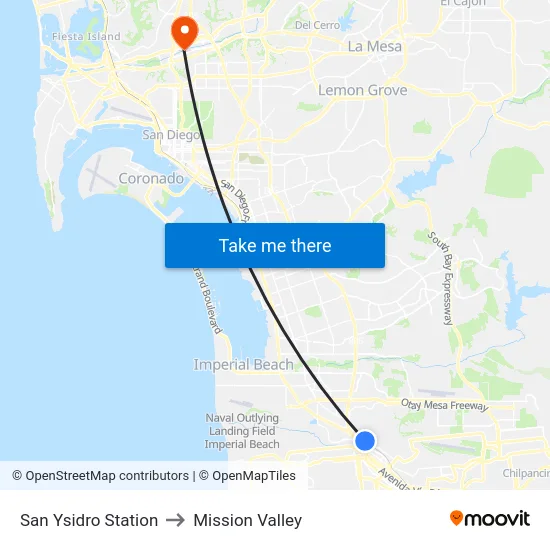 San Ysidro Station to Mission Valley map