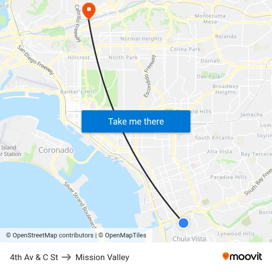 4th Av & C St to Mission Valley map