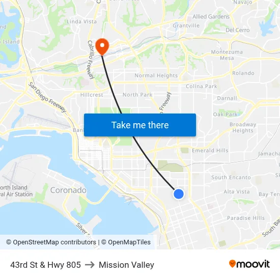 43rd St & Hwy 805 to Mission Valley map