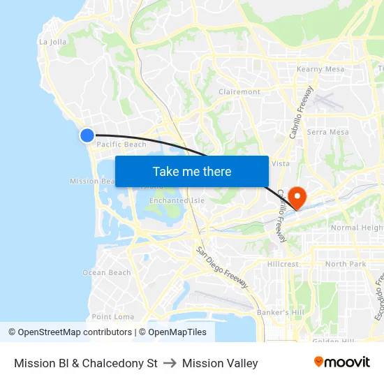 Mission Bl & Chalcedony St to Mission Valley map