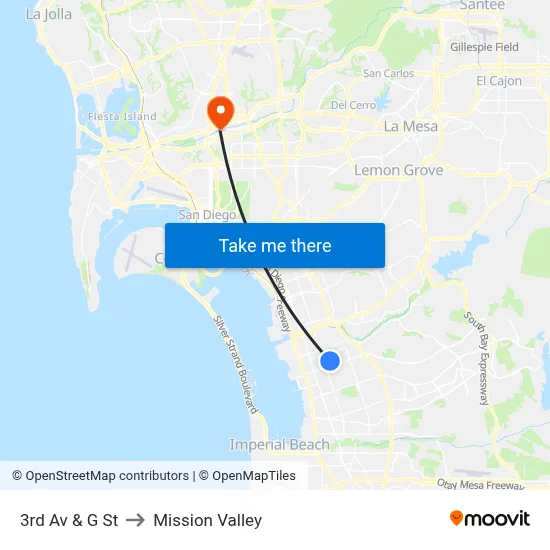 3rd Av & G St to Mission Valley map