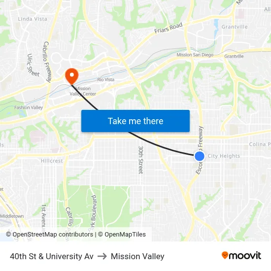 40th St & University Av to Mission Valley map