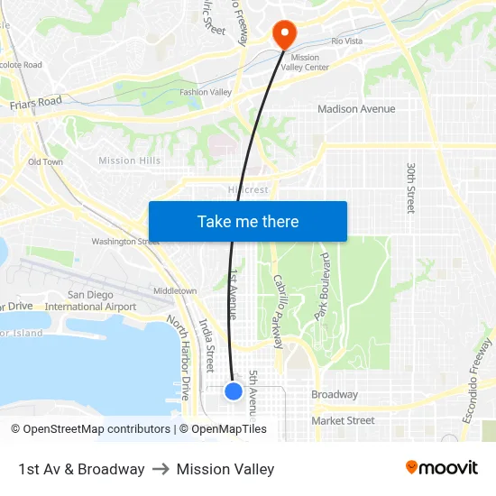 1st Av & Broadway to Mission Valley map
