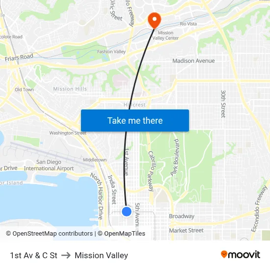 1st Av & C St to Mission Valley map