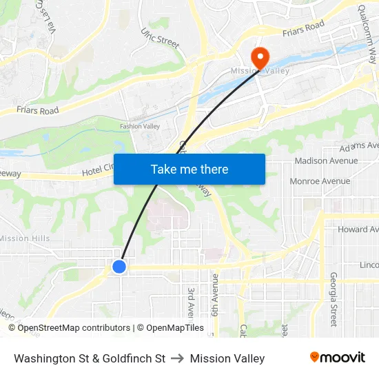 Washington St & Goldfinch St to Mission Valley map