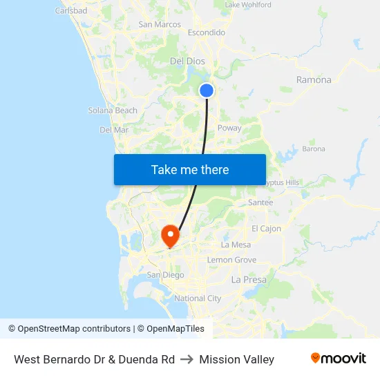 West Bernardo Dr & Duenda Rd to Mission Valley map