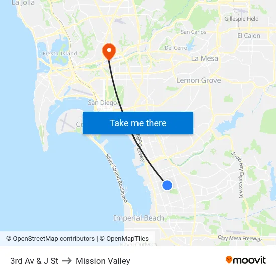 3rd Av & J St to Mission Valley map