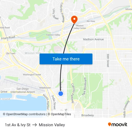 1st Av & Ivy St to Mission Valley map