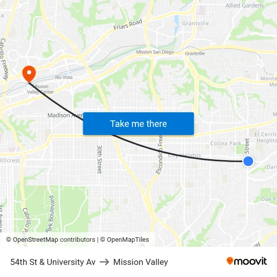 54th St & University Av to Mission Valley map