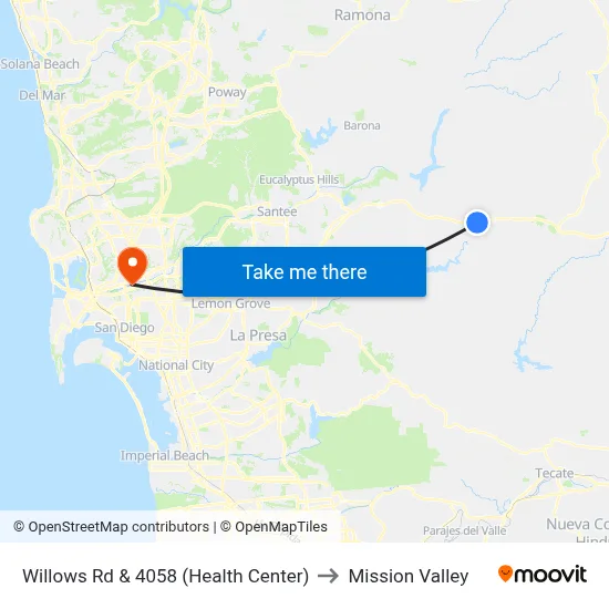 Willows Rd & 4058 (Health Center) to Mission Valley map
