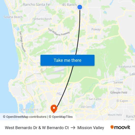 West Bernardo Dr & W Bernardo Ct to Mission Valley map