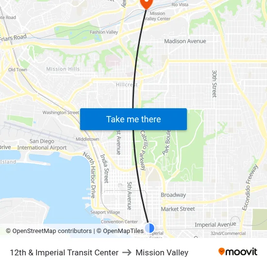 12th & Imperial Transit Center to Mission Valley map
