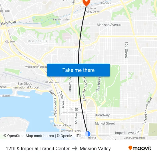 12th & Imperial Transit Center to Mission Valley map
