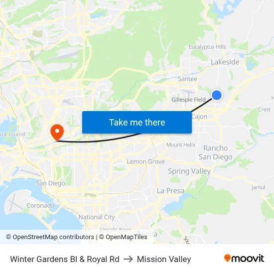 Winter Gardens Bl & Royal Rd to Mission Valley map