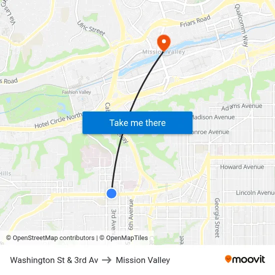 Washington St & 3rd Av to Mission Valley map