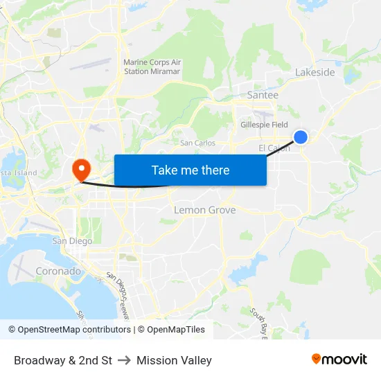 Broadway & 2nd St to Mission Valley map