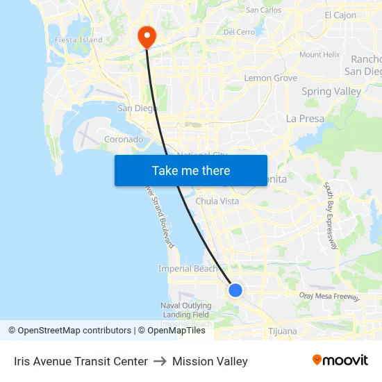 Iris Avenue Transit Center to Mission Valley map