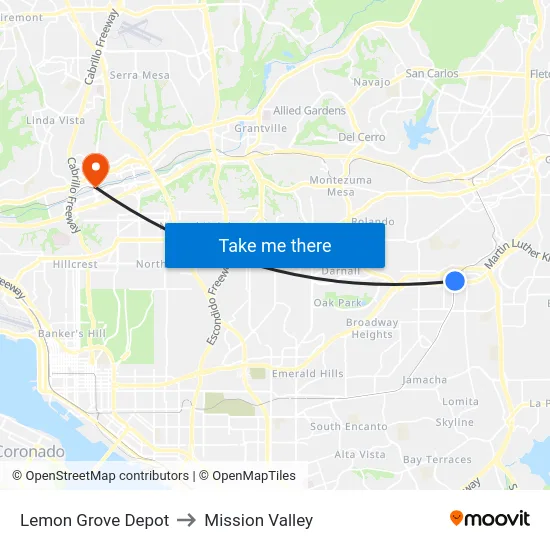 Lemon Grove Depot to Mission Valley map