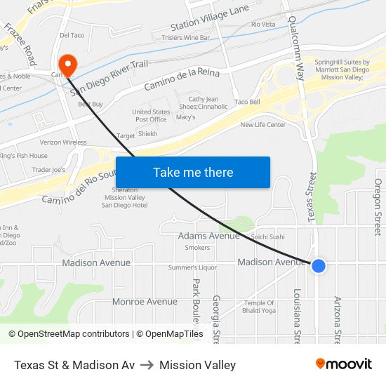 Texas St & Madison Av to Mission Valley map