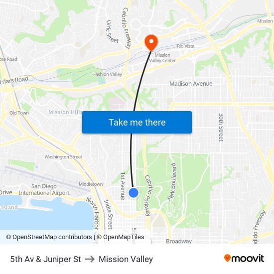 5th Av & Juniper St to Mission Valley map