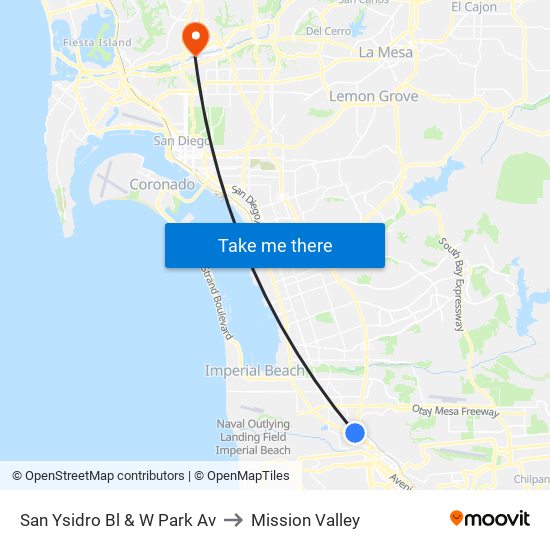 San Ysidro Bl & W Park Av to Mission Valley map