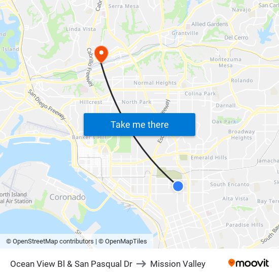 Ocean View Bl & San Pasqual Dr to Mission Valley map