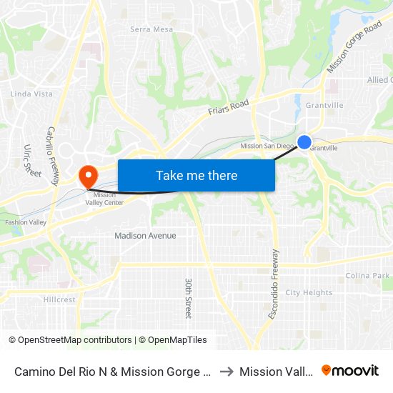 Camino Del Rio N & Mission Gorge Rd to Mission Valley map