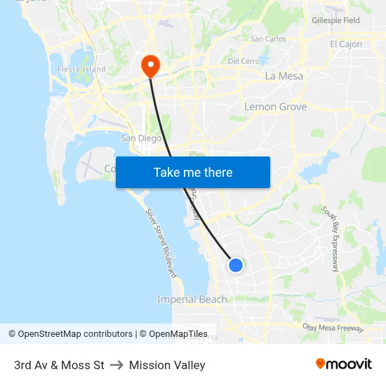 3rd Av & Moss St to Mission Valley map