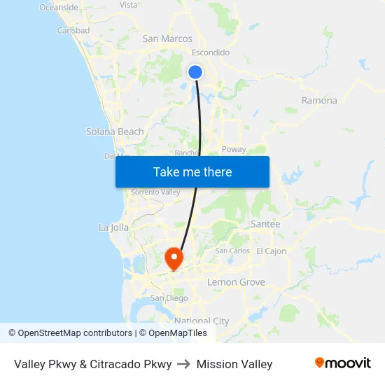 Valley Pkwy & Citracado Pkwy to Mission Valley map