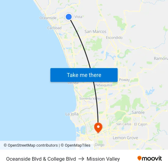 Oceanside Blvd & College Blvd to Mission Valley map