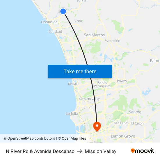 N River Rd & Avenida Descanso to Mission Valley map