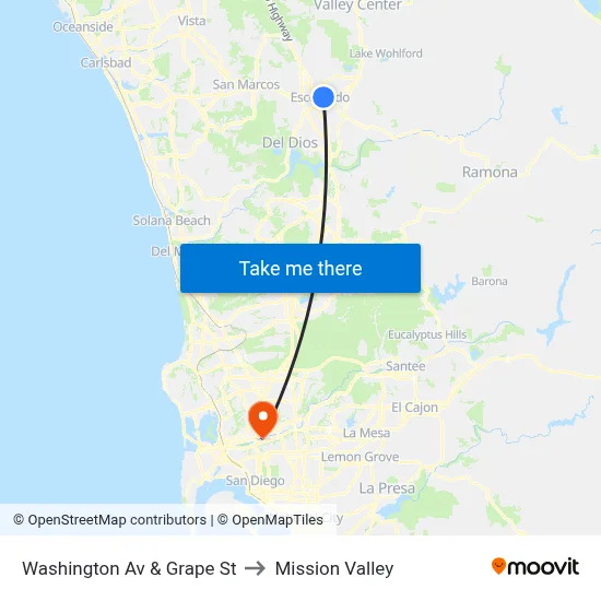 Washington Av & Grape St to Mission Valley map