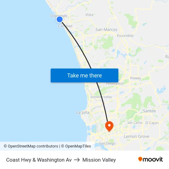 Coast Hwy & Washington Av to Mission Valley map