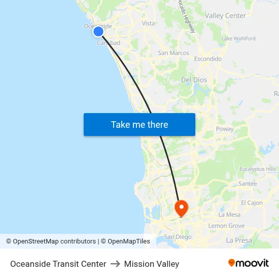 Oceanside Transit Center to Mission Valley map