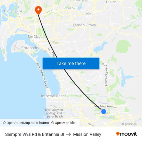 Siempre Viva Rd & Britannia Bl to Mission Valley map