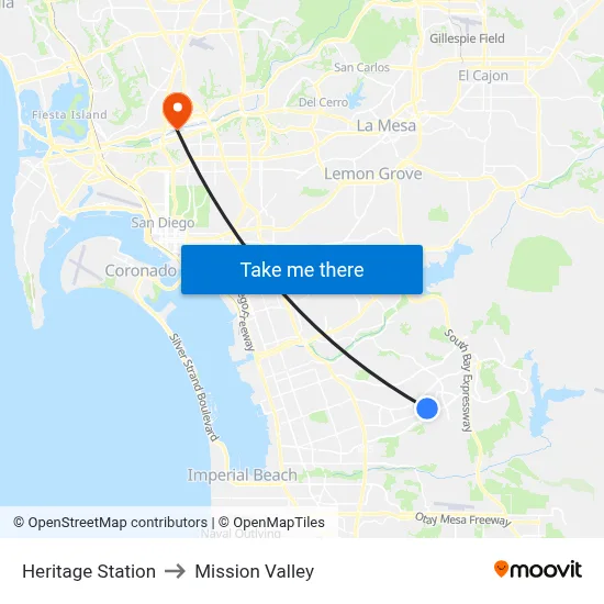 Heritage Station to Mission Valley map