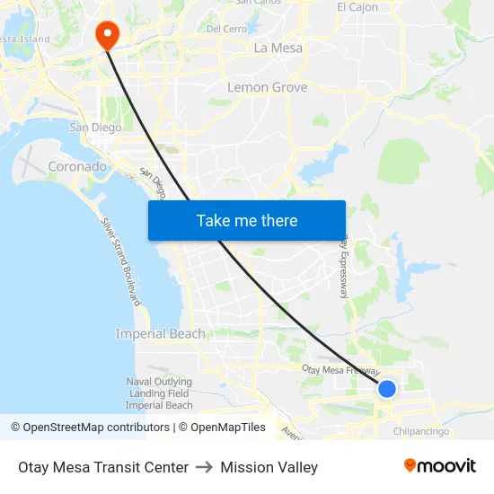 Otay Mesa Transit Center to Mission Valley map