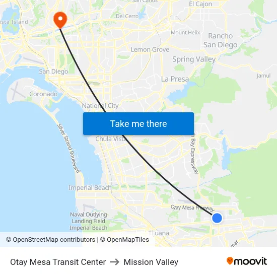 Otay Mesa Transit Center to Mission Valley map