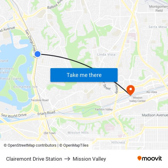 Clairemont Drive Station to Mission Valley map