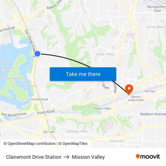 Clairemont Drive Station to Mission Valley map