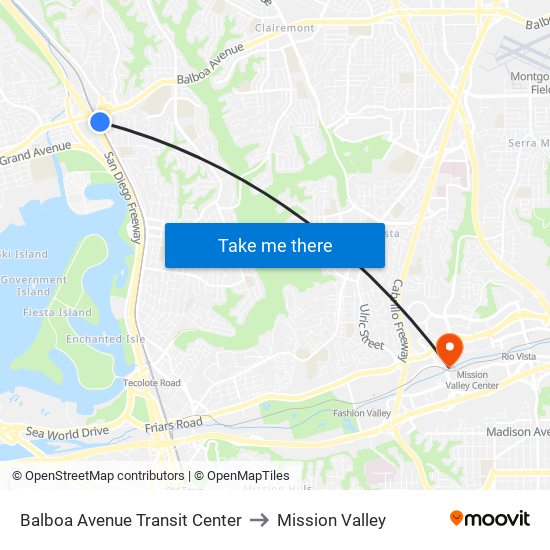 Balboa Avenue Transit Center to Mission Valley map