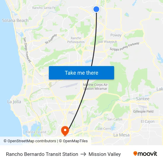 Rancho Bernardo Transit Station to Mission Valley map