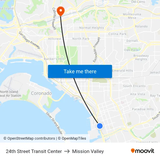 24th Street Transit Center to Mission Valley map