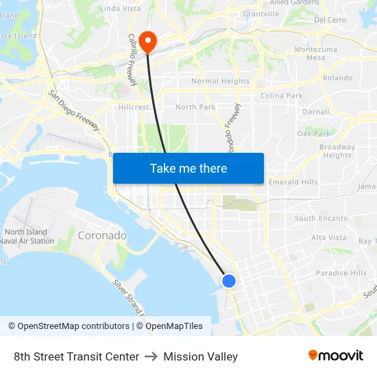 8th Street Transit Center to Mission Valley map
