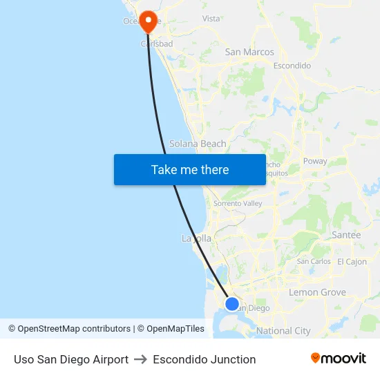Uso San Diego Airport to Escondido Junction map