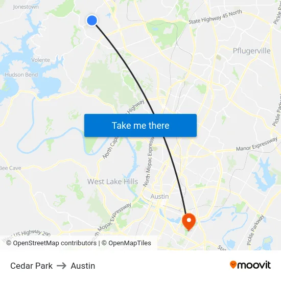 Cedar Park to Austin map