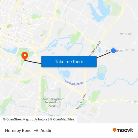 Hornsby Bend to Austin map