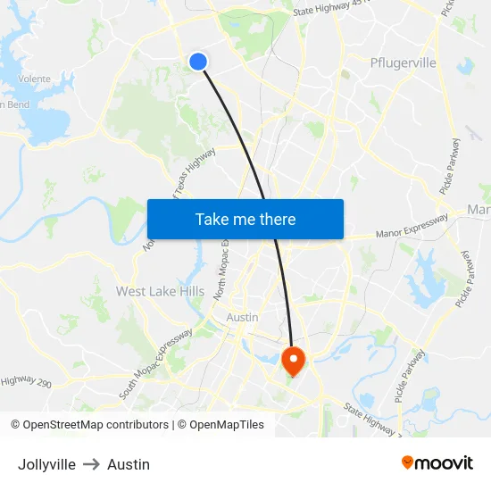 Jollyville to Austin map