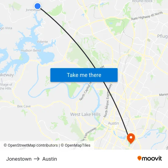 Jonestown to Austin map