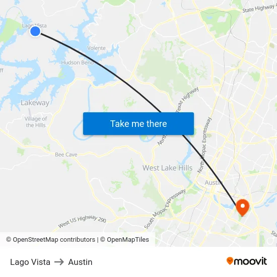Lago Vista to Austin map
